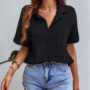 Roll Up Sleeve Pocket Front Textured Knit Shirt